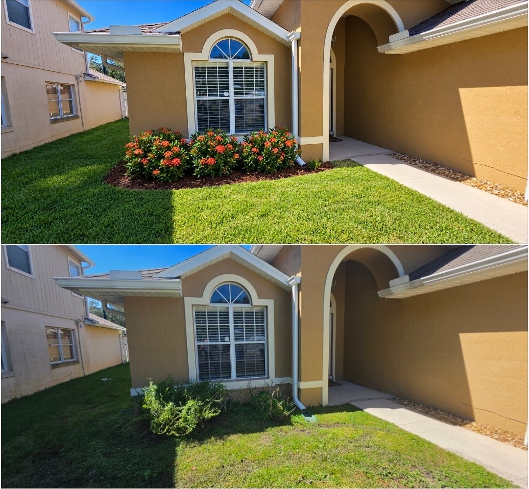 Front Yard Landscape Transformation — completed design above, original landscape below