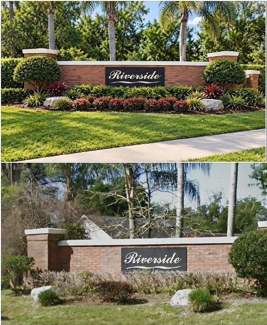 Riverside Community Entrance — completed design above, original landscape below