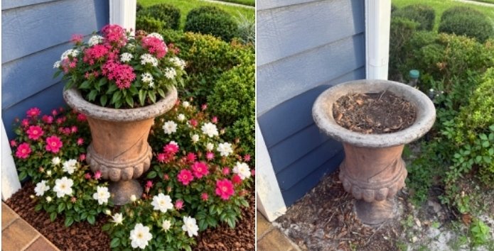 Flower Bed and Planter Refresh — completed design on left, original landscape on right